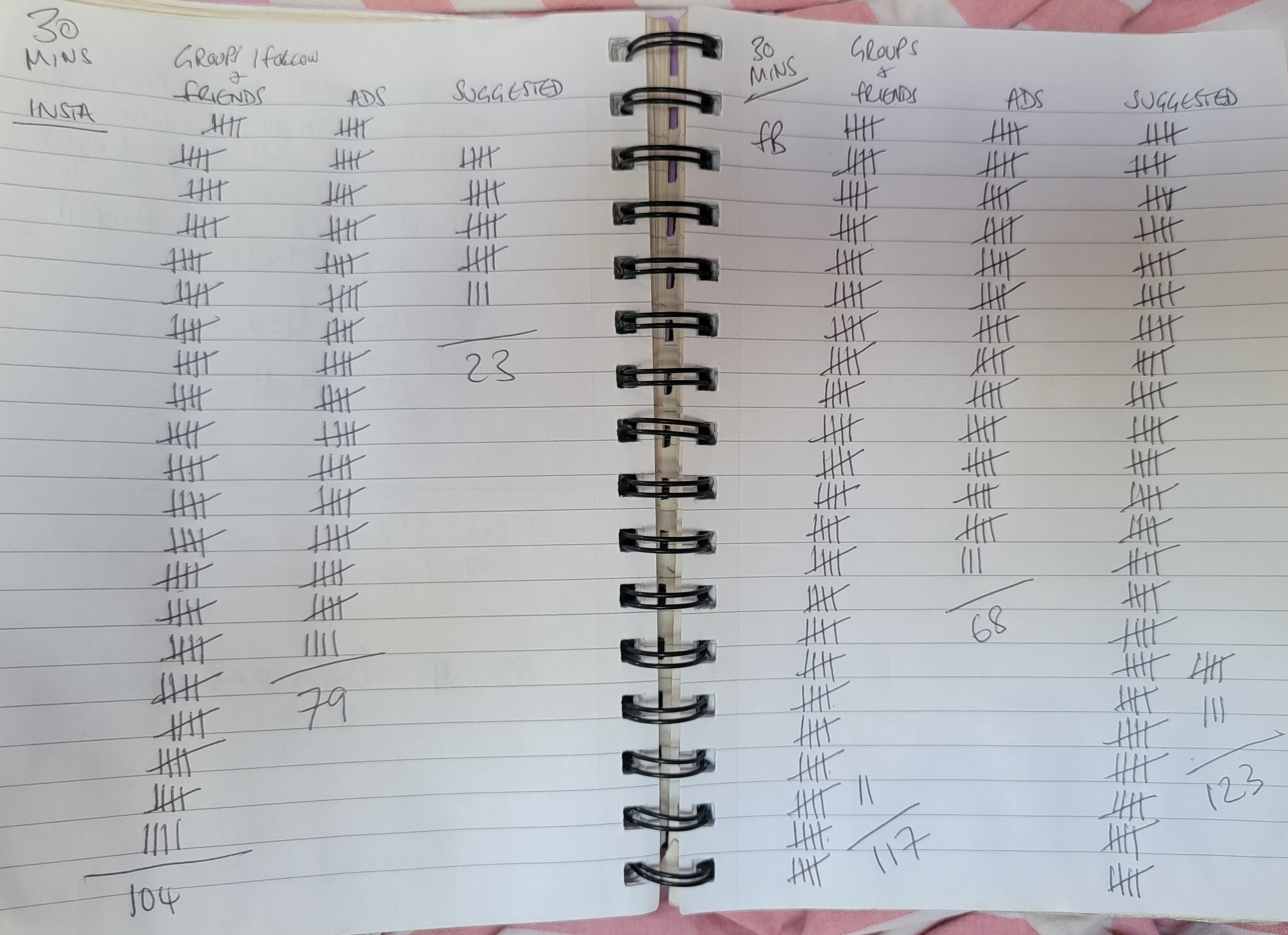 My notebook with tally marks from the one-hour experiment